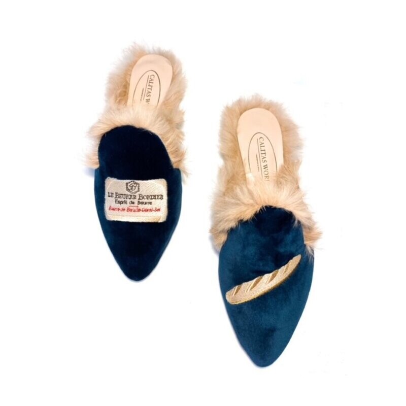 ​MULES FUR PETROLEUM BLUE 7CO VELVET, BREAD AND BUTTER