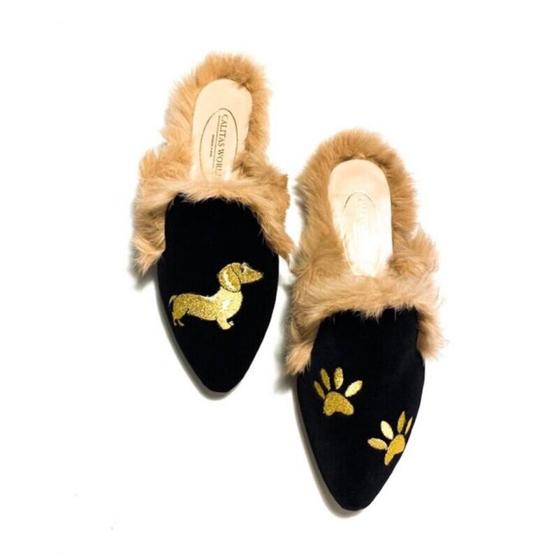 ​MULES FUR BLACK VELVET, DACHSHUND AND FOOTPRINTS