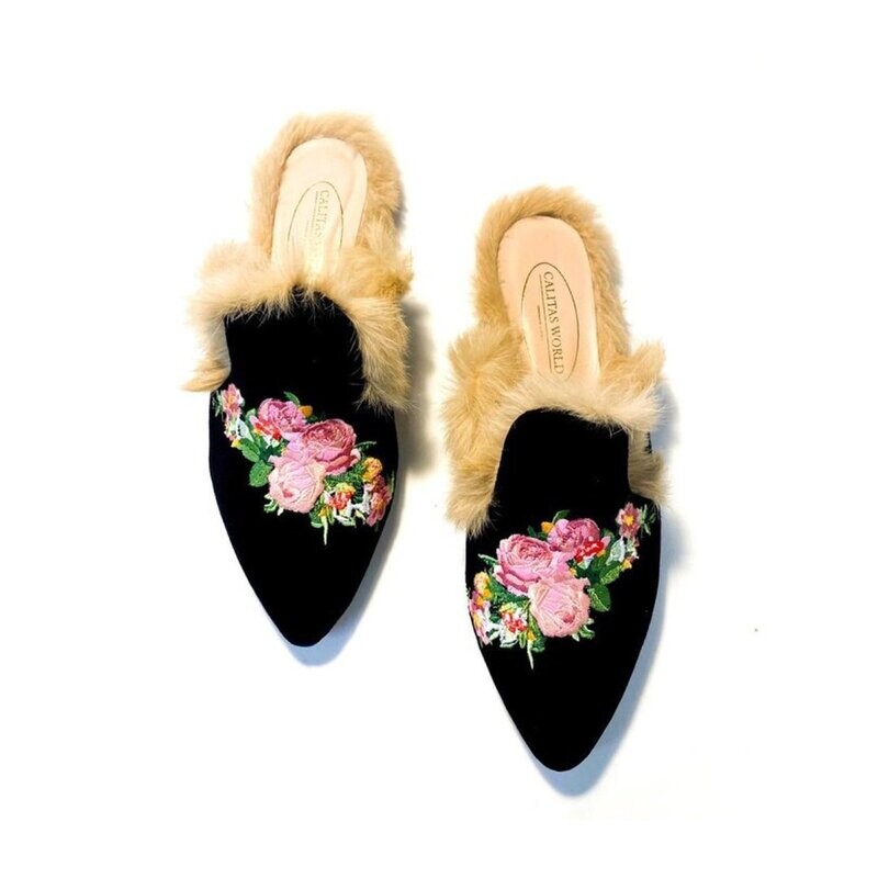 MULES PELO TERCIOPELO NEGRO, PINK ROSES