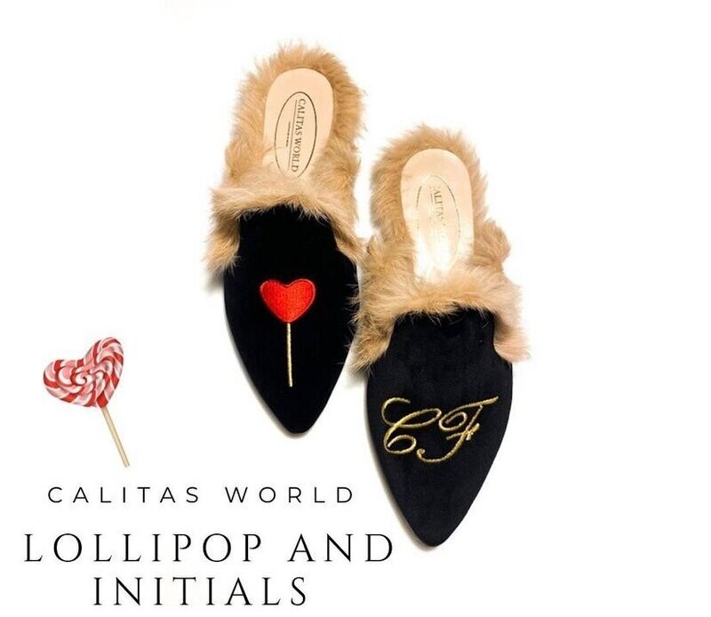 MULES PELO TERCIOPELO NEGRO, LOLLIPOS HEART AND GOLDEN KUNSTLER INITIALS