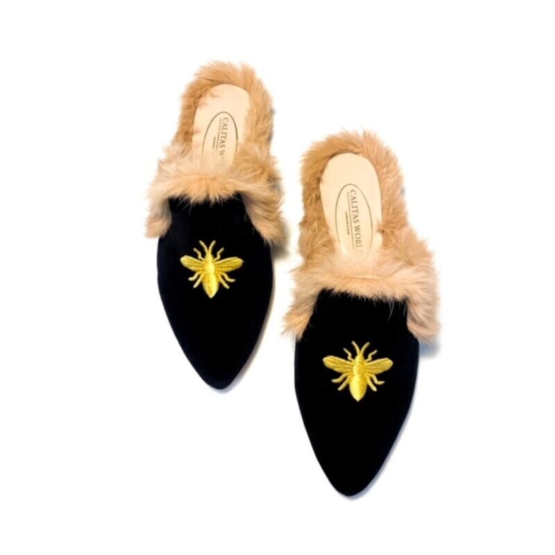 MULES PELO TERCIOPELO NEGRO, ABEJA EN ORO