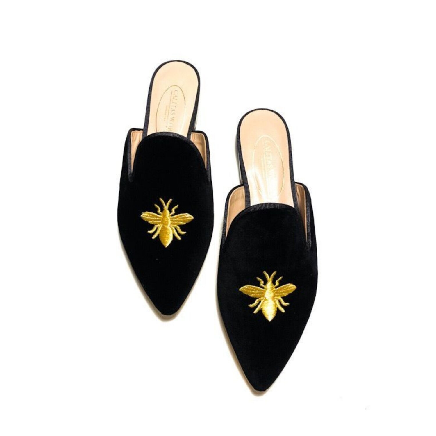 MULES TERCIOPELO NEGRO, ABEJA EN ORO