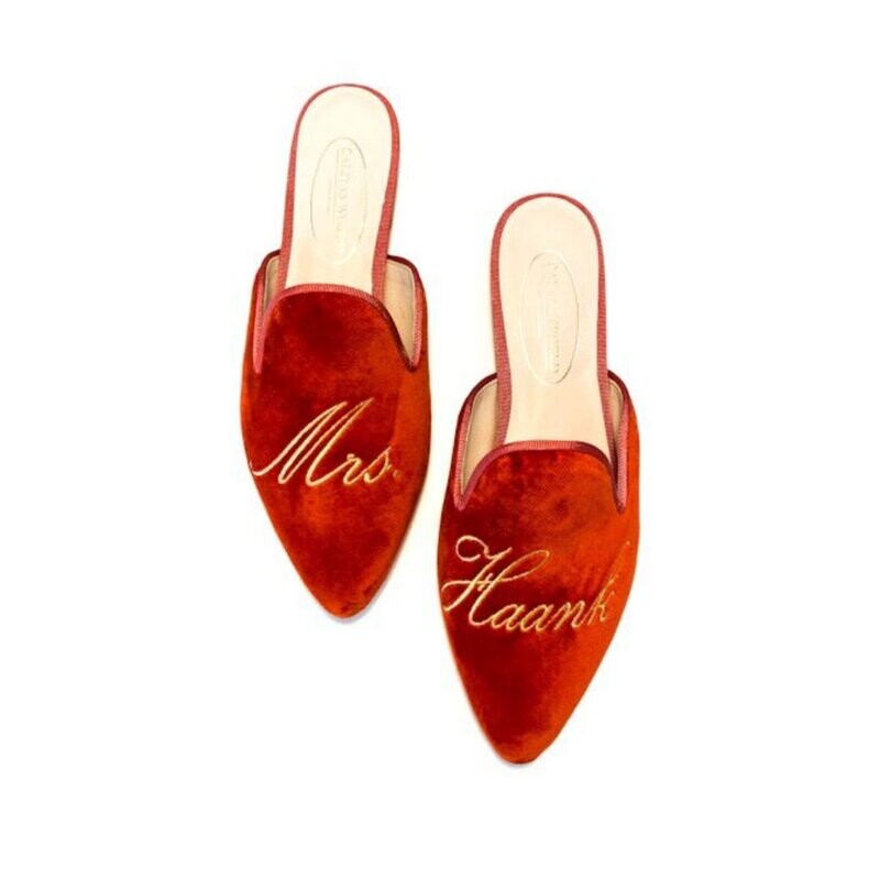 ​MULES TERCIOPELO NARANJA, WEDDING EDITION PERZONALIZADO. MRS. Y NOMBRE O APELLIDO.