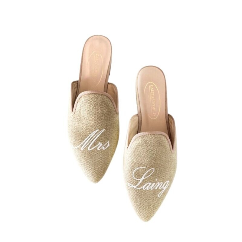 ​MULES LINO NATURAL, WEDDING EDITION PERZONALIZADO. MRS. NOMBRE O APELLIDO.