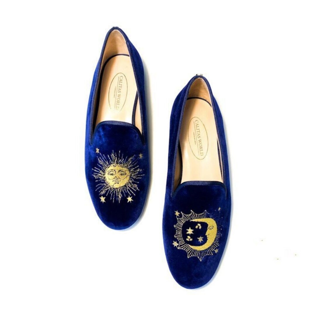 LOAFERS HOMBRE TERCIOPELO AZUL 57TX, SOL Y LUNA BARROCA EN ORO