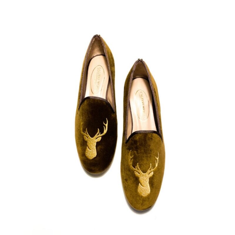 LOAFERS BROWN CHOCOLATE 05CO VELVET, WITH GOLDEN DEER