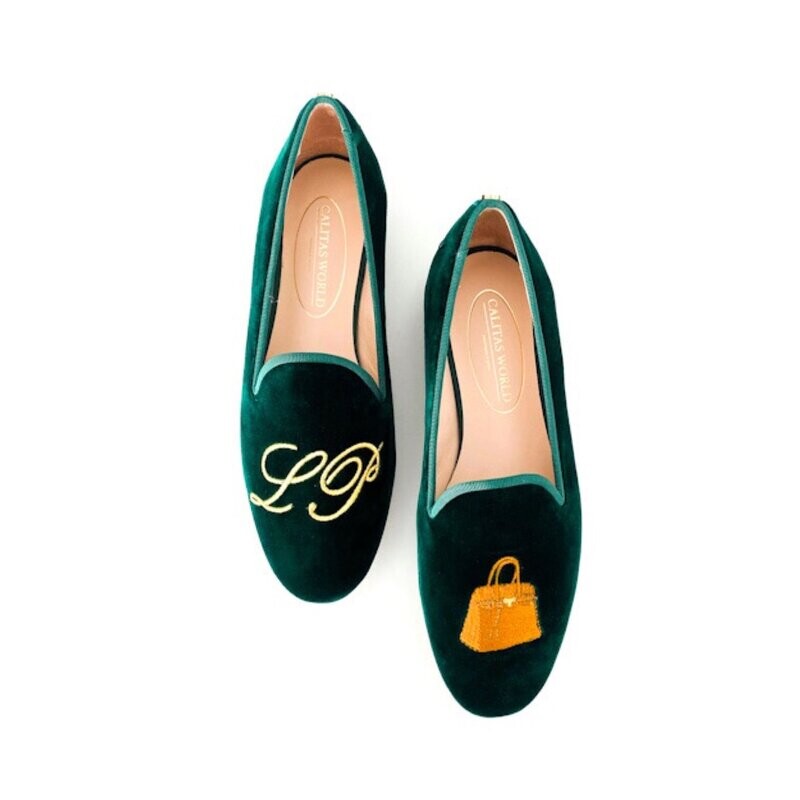 ​LOAFERS TERCIOPELO VERDE 12TX, INICIALES EN ORO Y BIRKIN