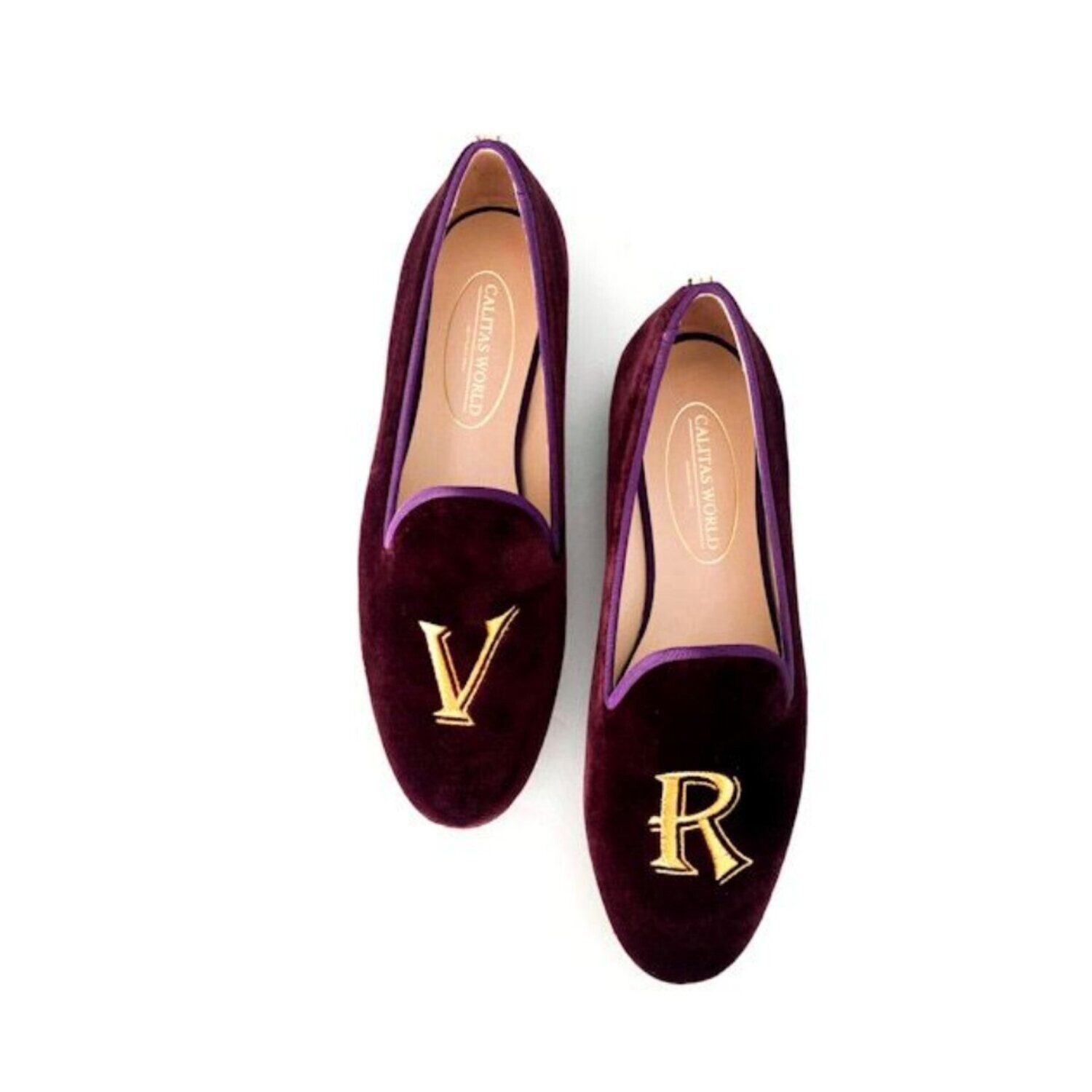 ​LOAFERS TERCIOPELO VINO TX, INICIALES ALICE ORO