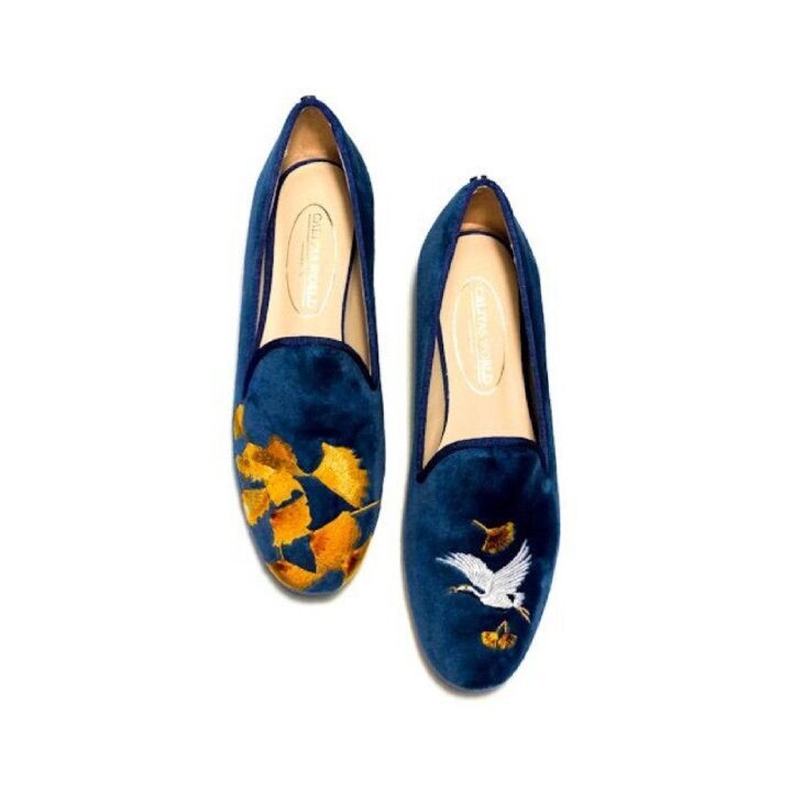 ​LOAFERS MARINE 01TX VELVET, GINKGO BILOBA AND JAPANESE CRANE