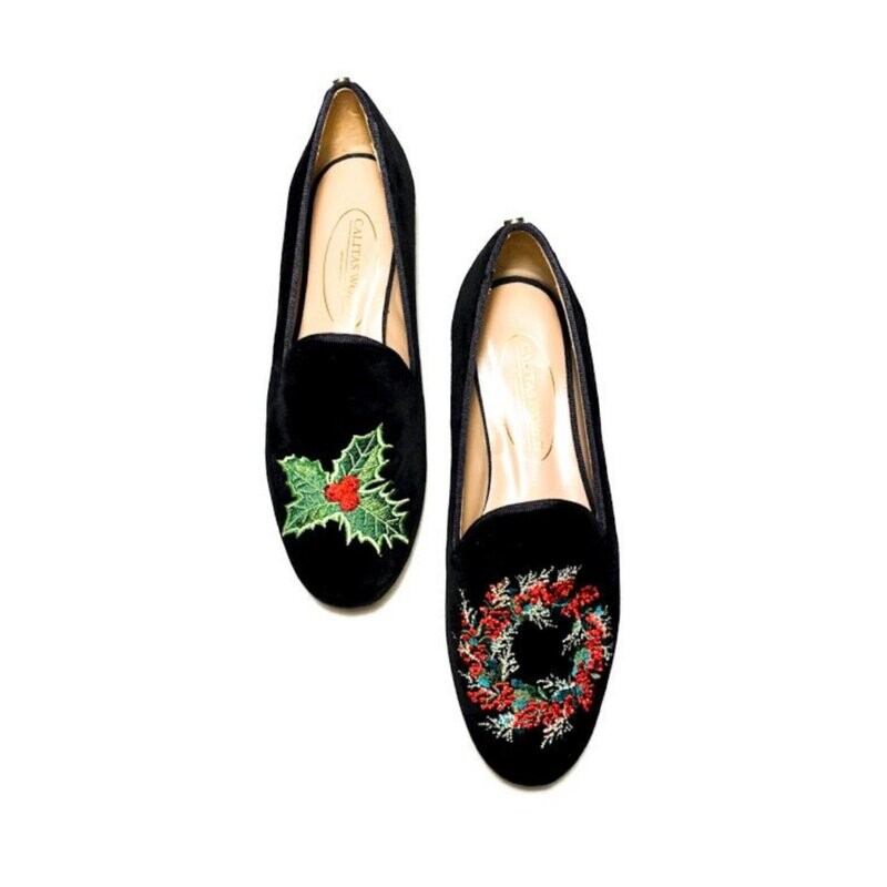 LOAFERS CHRISTMAS EDITION, TERCIOPELO NEGRO, HOLLY AND CHRISTMAS WREATH