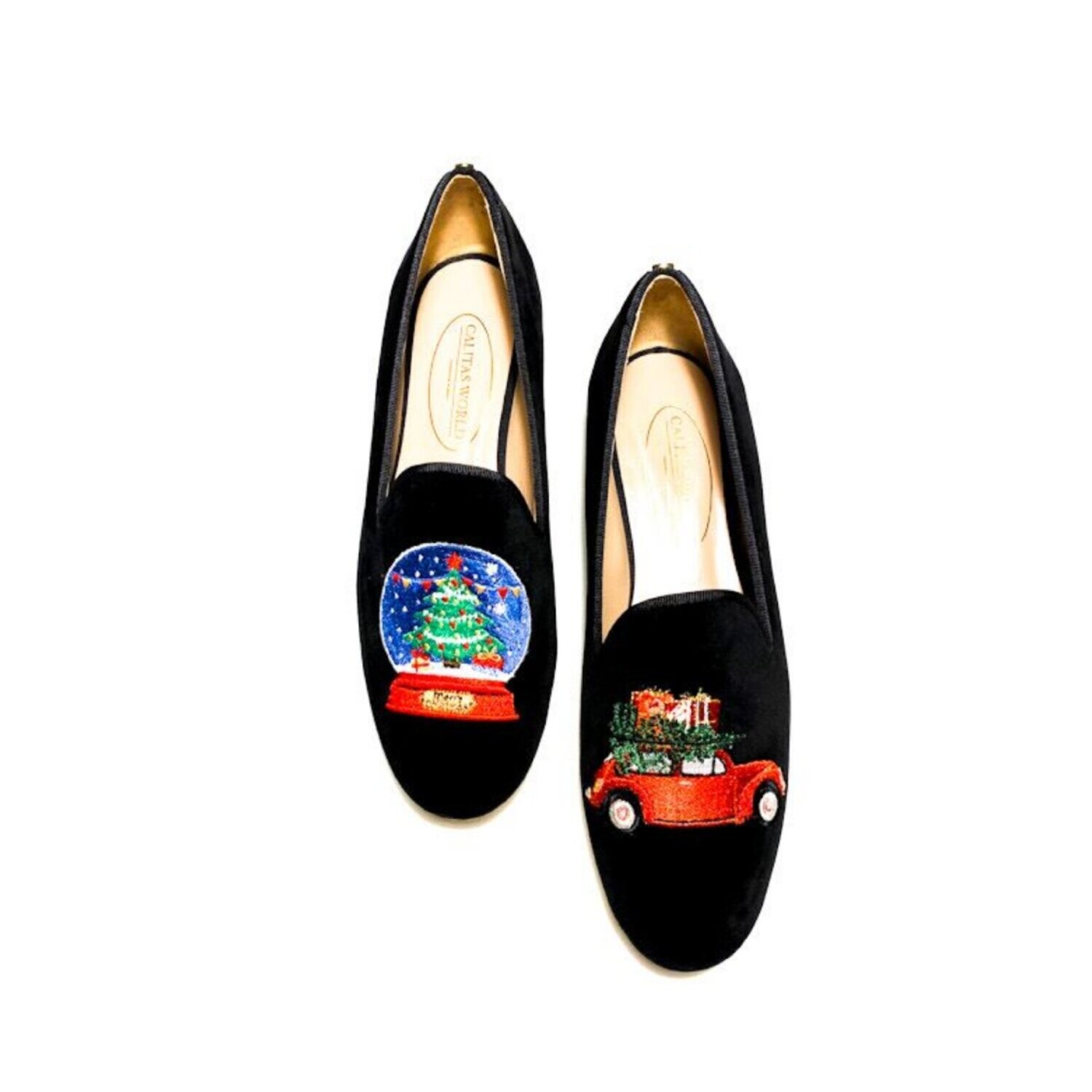 LOAFERS CHRISTMAS EDITION, TERCIOPELO NEGRO, CHRISTMAS SNOWBALL AND CHRISTMAS CAR