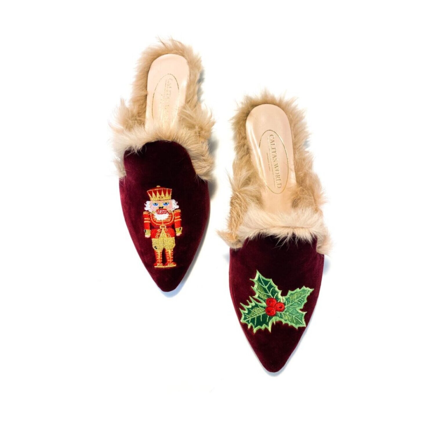 MULES FUR CHRISTMAS EDITION​, BURGUNDY 10CO​ VELVET,  NUTCRACKER AND HOLLY