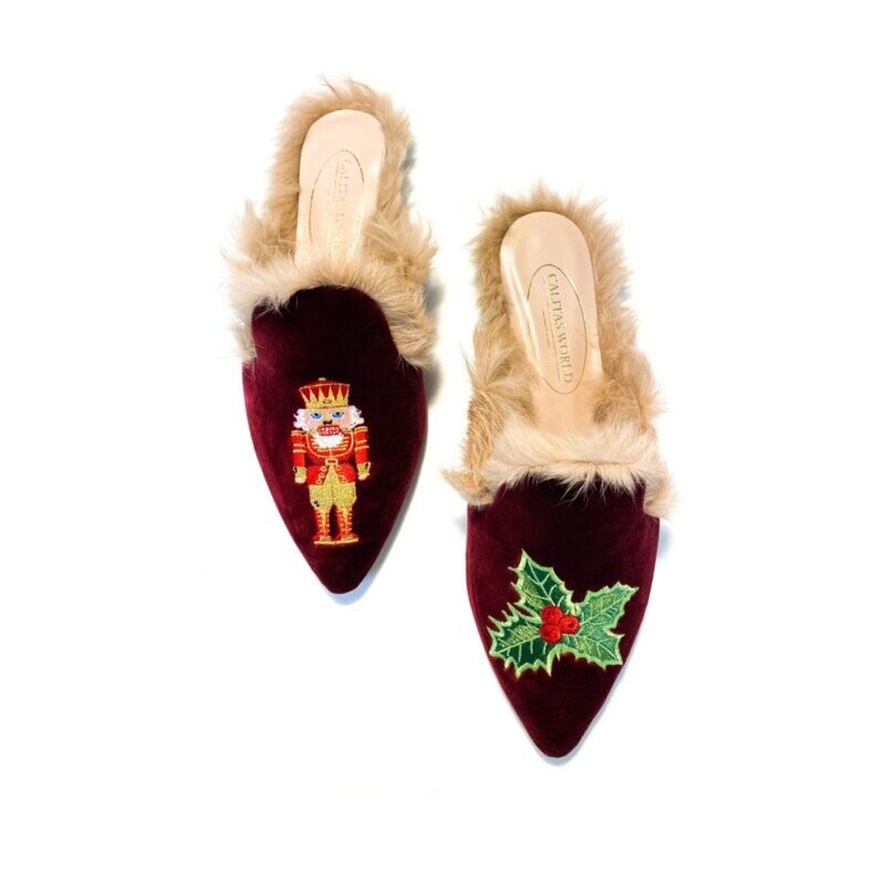 MULES PELO CHRISTMAS EDITION, TERCIOPELO BURDEOS 10CO, NUTCRACKER AND HOLLY