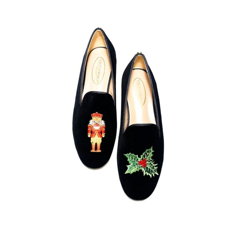 LOAFERS HOMBRE CHRISTMAS EDITION, TERCIOPELO NEGRO, NUTCRACKER AND HOLLY