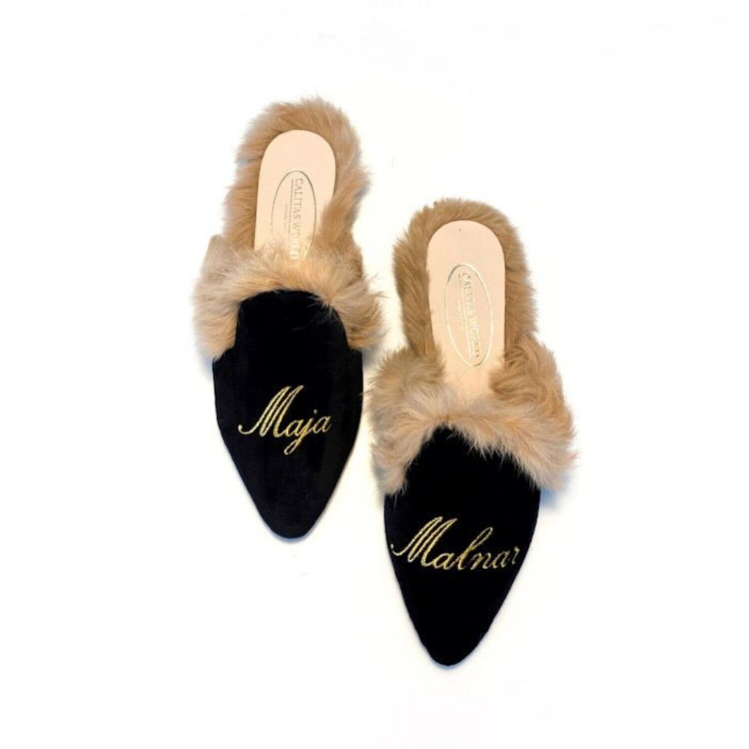 MULES PELO TERCIOPELO NEGRO, GOLDEN NAME AND SURNAME