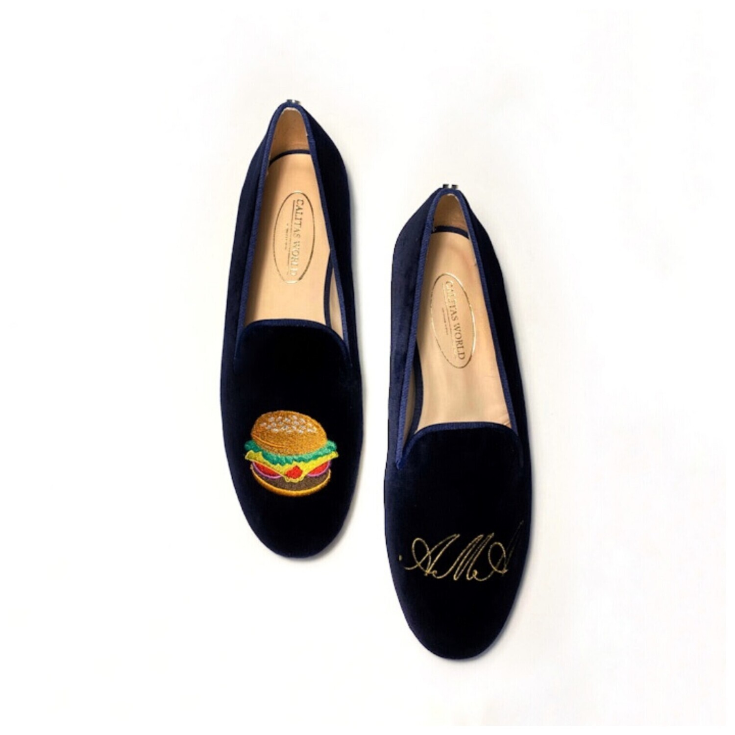 ​LOAFERS HOMBRE TERCIOPELO AZUL MARINO 9CO, HAMBURGUESA E INICIALES EN ORO