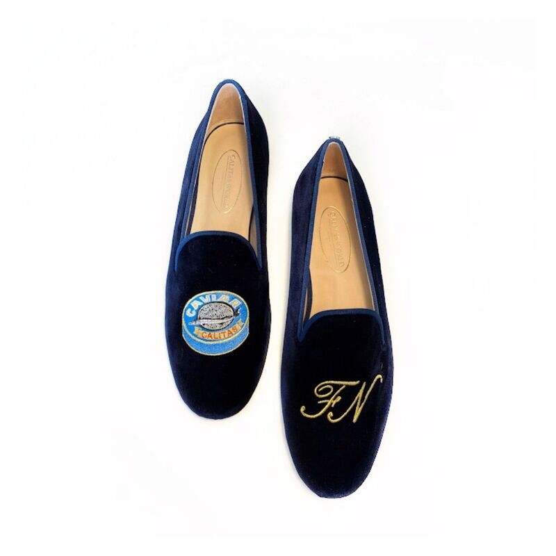 LOAFERS HOMBRE TERCIOPELO AZUL MARINO 9CO  R22, CAVIAR E INICIALES EN ORO