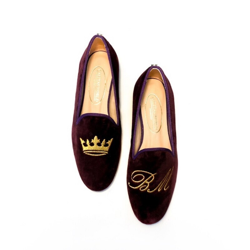 LOAFERS WINE TX VELVET R53, GOLDEN CROWN AND GOLDEN INITIALS