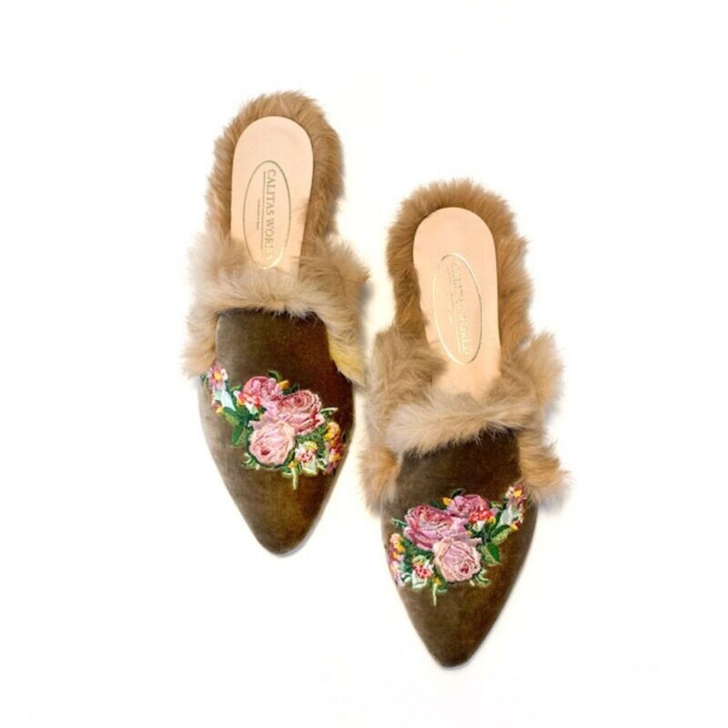 ​MULES FUR BEIGE 5ACO​ VELVET, PINK ROSES