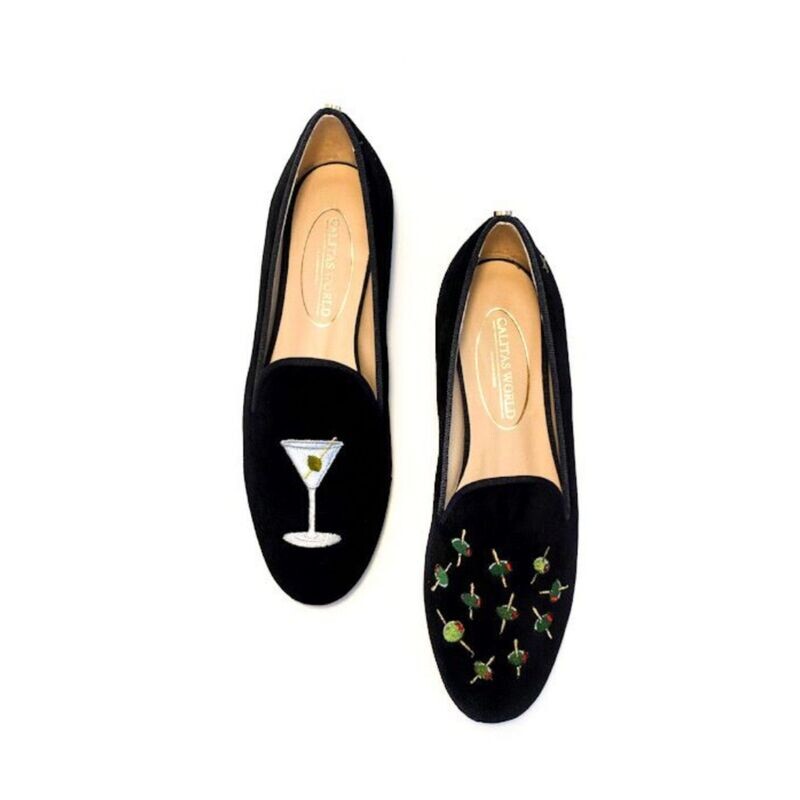 ​LOAFERS TERCIOPELO NEGRO, MARTINI Y ACEITUNAS. (ACEITUNA MINI TALON IZQUIERDO)