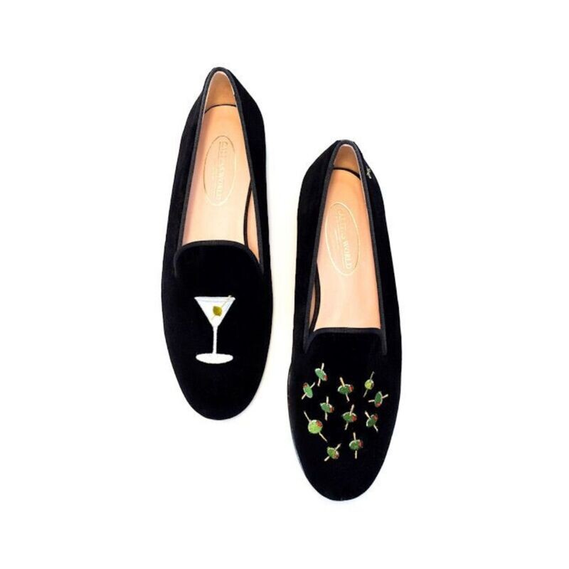 LOAFERS HOMBRE TERCIOPELO NEGRO, MARTINI Y ACEITUNAS. (ACEITUNA MINI TALON IZQUIERDO)