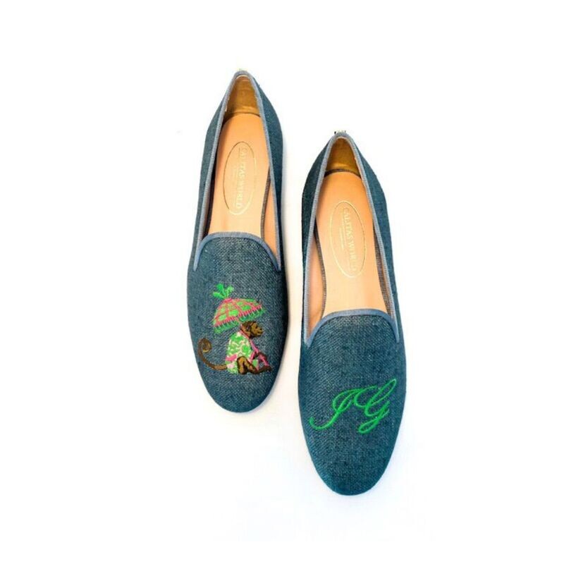 ​LOAFERS BLUE GOBELIN 790PV LINEN, MONKEY WITH UMBRELLA AND INITIALS