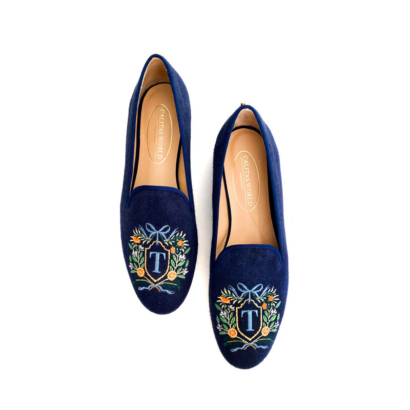 ​LOAFERS  LINO AZUL MARINO CO, FLORAL/NARANJAS CREST MONOGRAM (MISMA INICIAL AMBOS PIES) R22