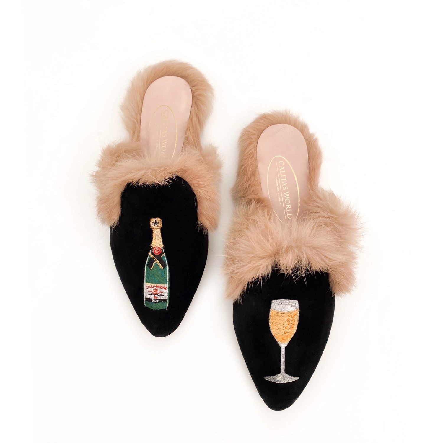 Calita Shoes MULES FUR GREEN 7ACO VELVET CHAMPAGNE AND CHAMPAGNE GLASS