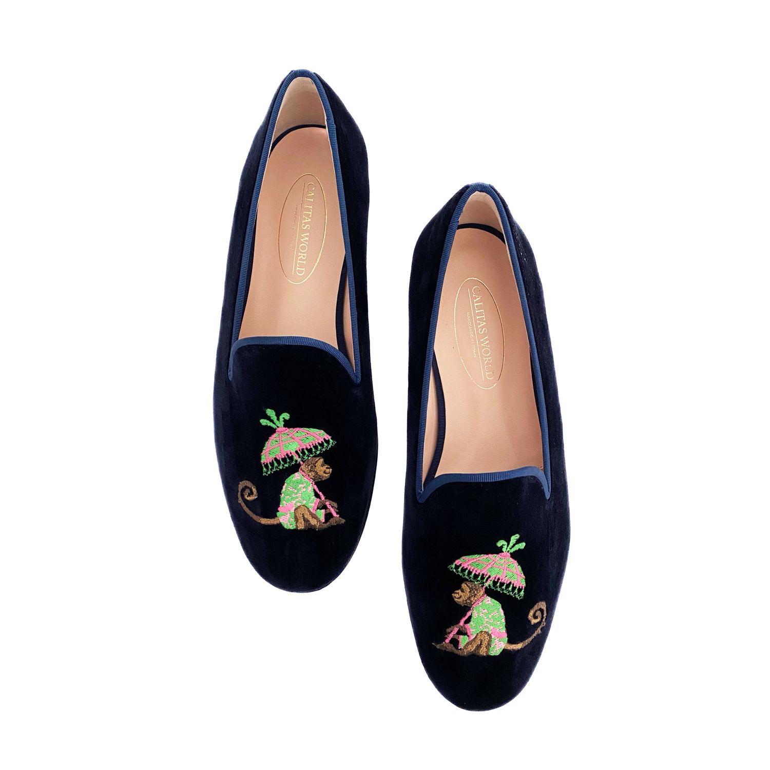 ​LOAFERS MEN NAVY 9CO VELVET  R22,  MONKEY WITH UMBRELLA