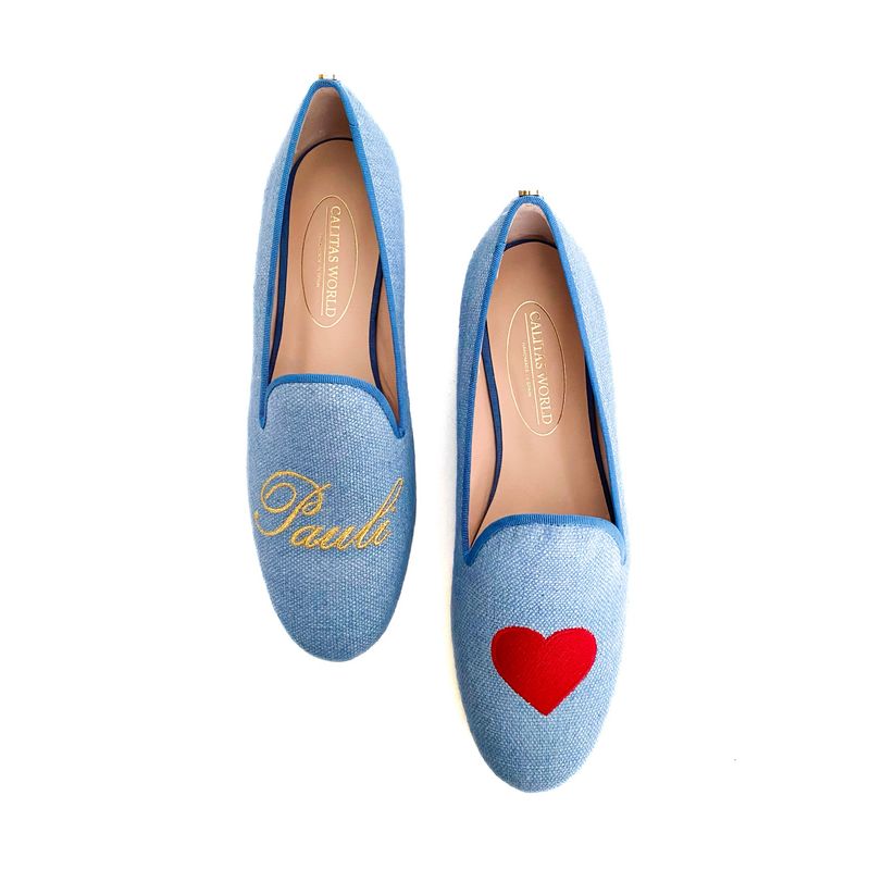LOAFERS LINO  AZUL CLARO CO , PERSONALIZADO CON NOMBRE/INICIAL (ORO) Y CORAZON ROJO