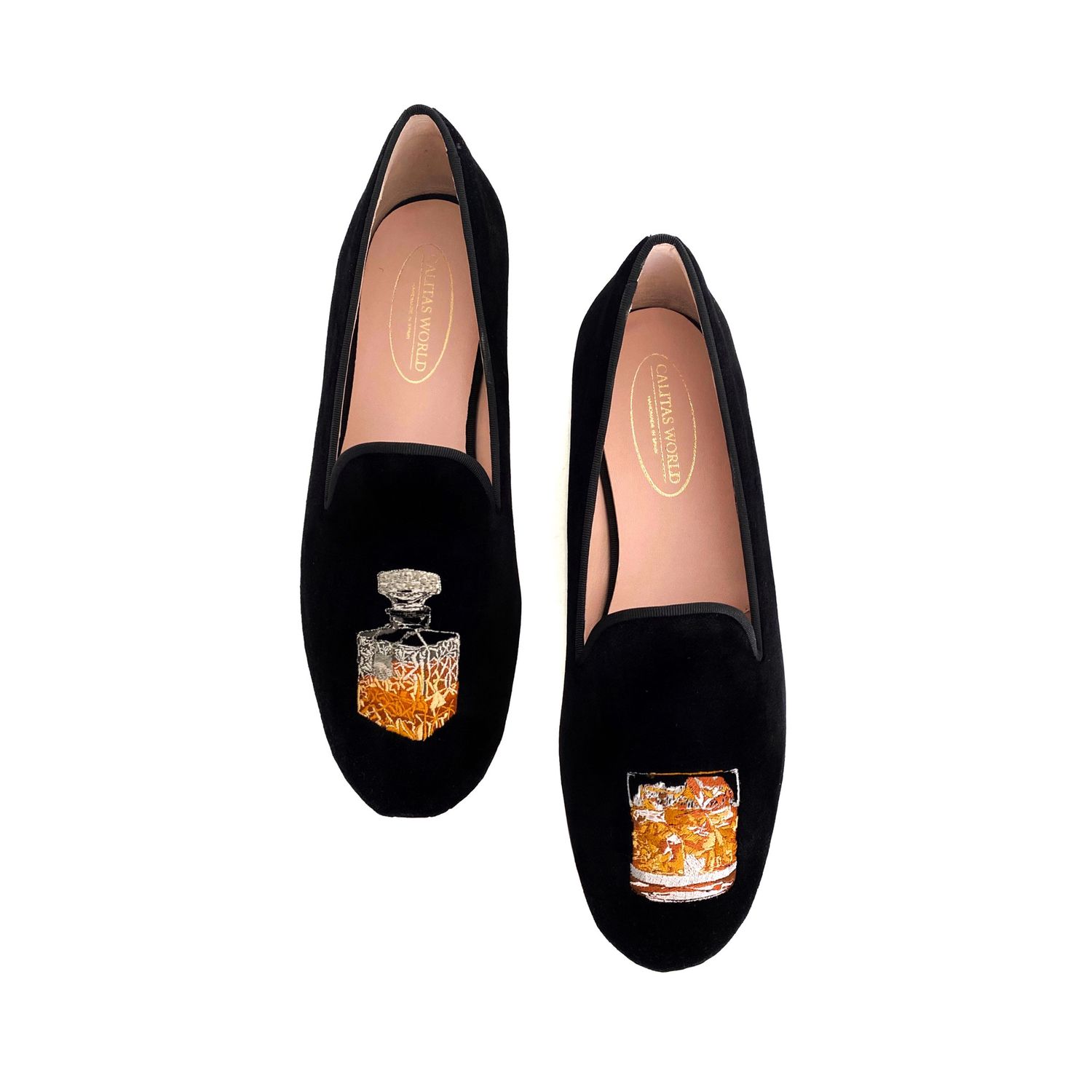 ​LOAFERS MEN BLACK VELVET, GLASS AND BOTTLE OF WHISKEY