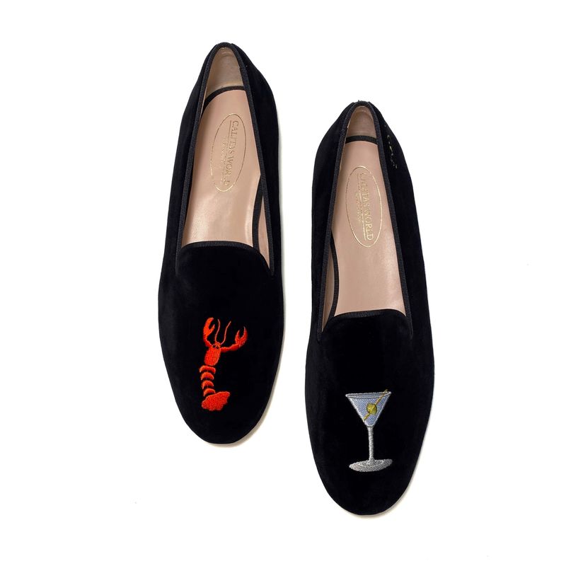 LOAFERS HOMBRE TERCIOPELO NEGRO, LANGOSTA Y MARTINI
