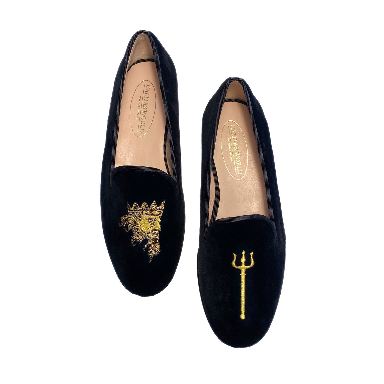 LOAFERS HOMBRE TERCIOPELO NEGRO, NEPTUNO  Y TRIDENTE (ORO)