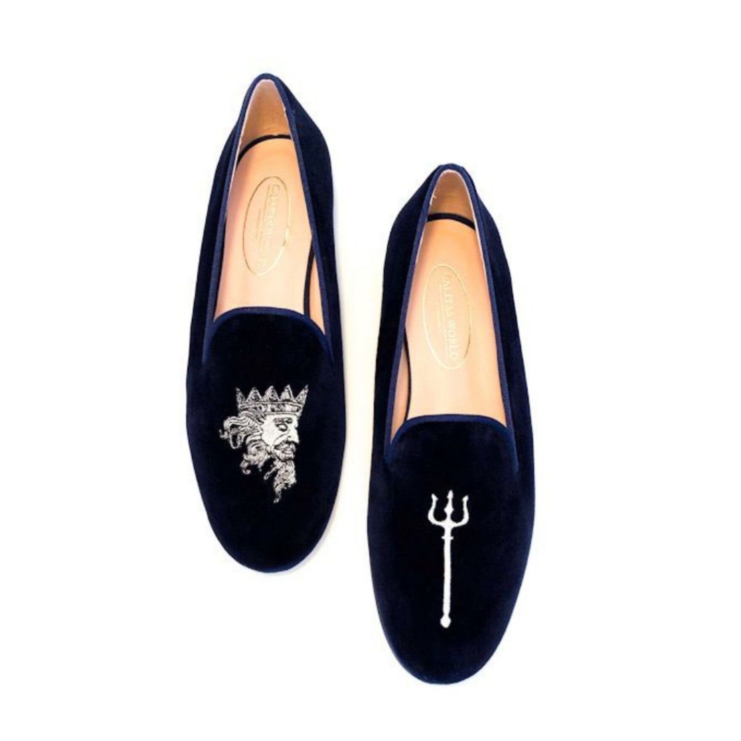 LOAFERS HOMBRE TERCIOPELO AZUL MARINO 9CO R22, NEPTUNO  Y TRIDENTE
