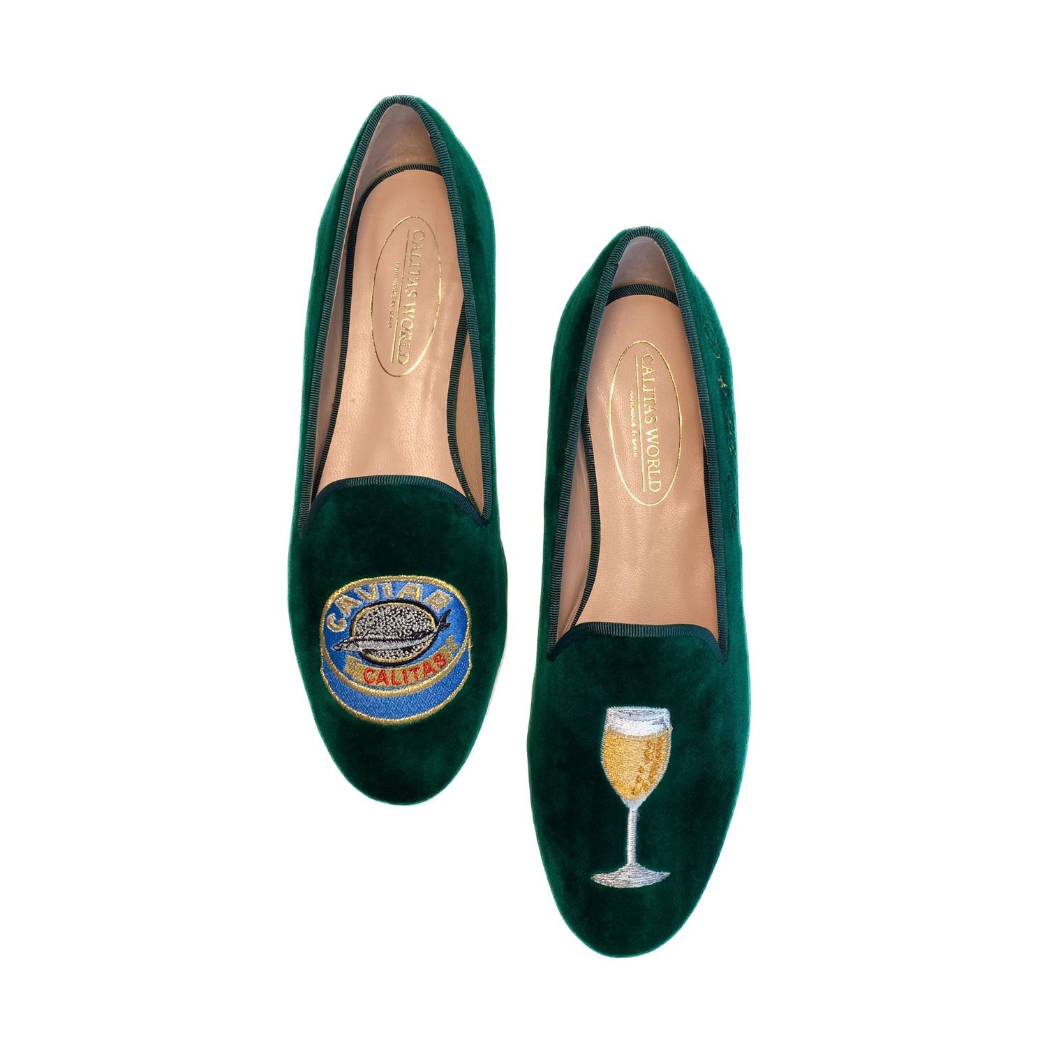 LOAFERS TERCIOPELO VERDE 66TX, CAVIAR Y COPA DE CHAMPAGNE