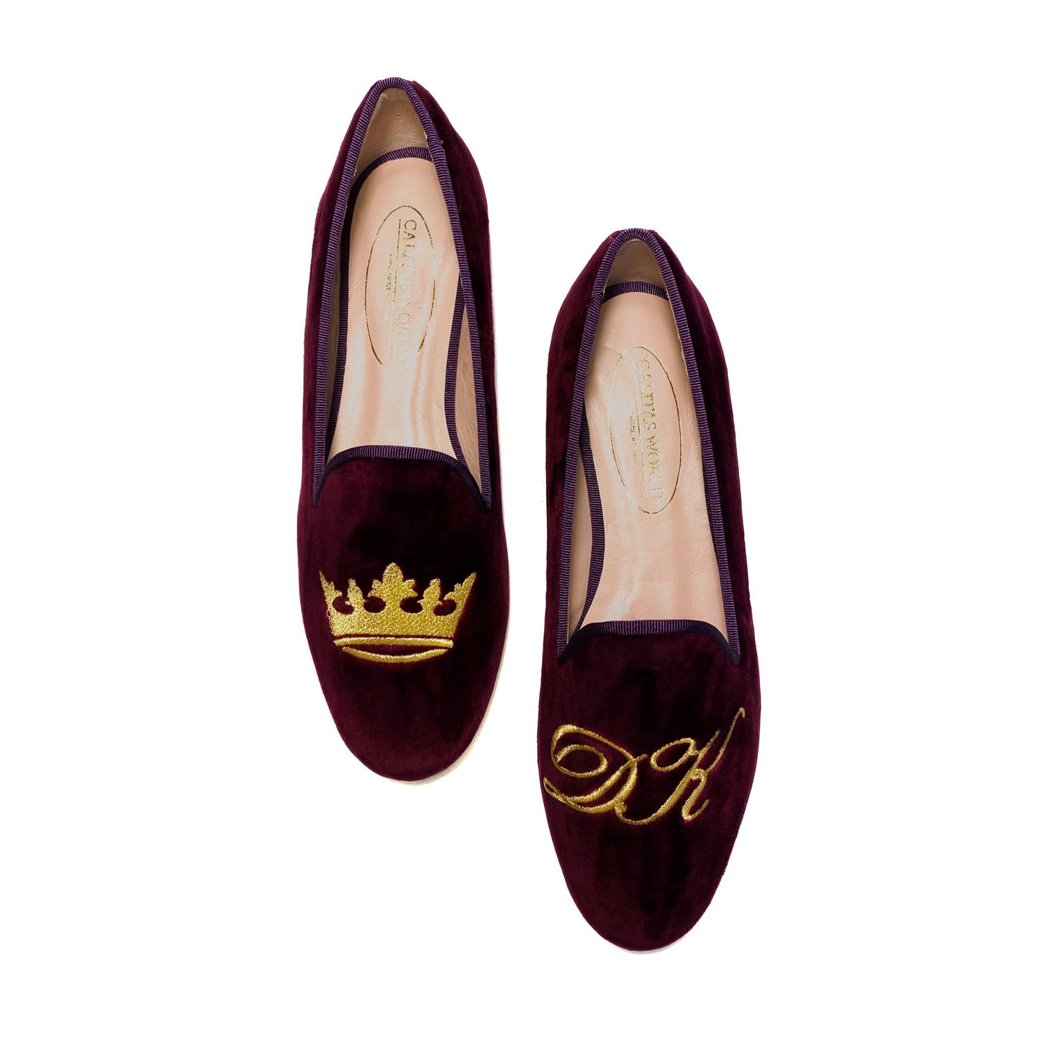 LOAFERS WINE TX VELVET R53, GOLDEN CROWN AND GOLDEN INITIALS