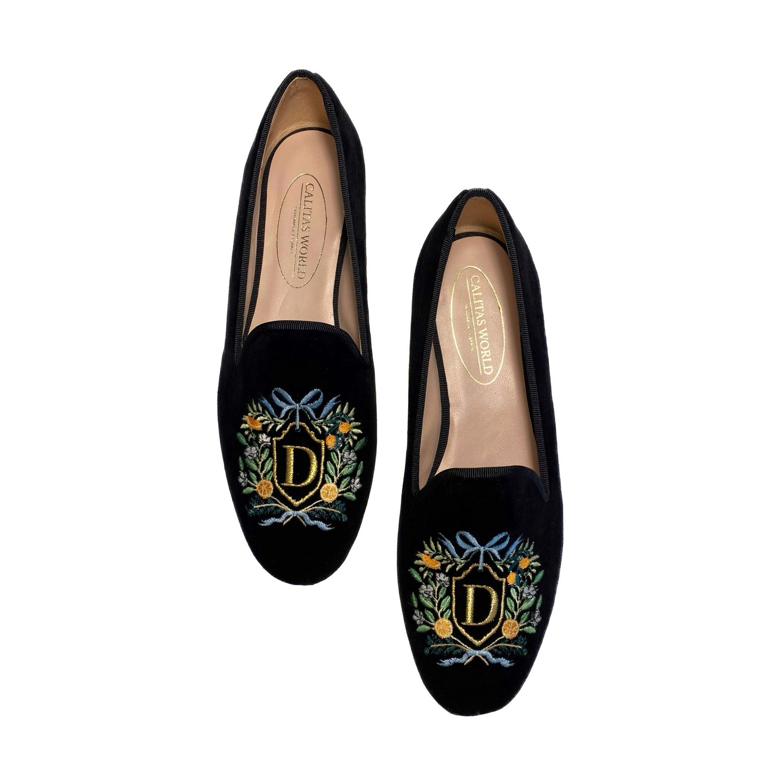 ​LOAFERS  TERCIOPELO NEGRO, FLORAL/NARANJAS CREST MONOGRAM