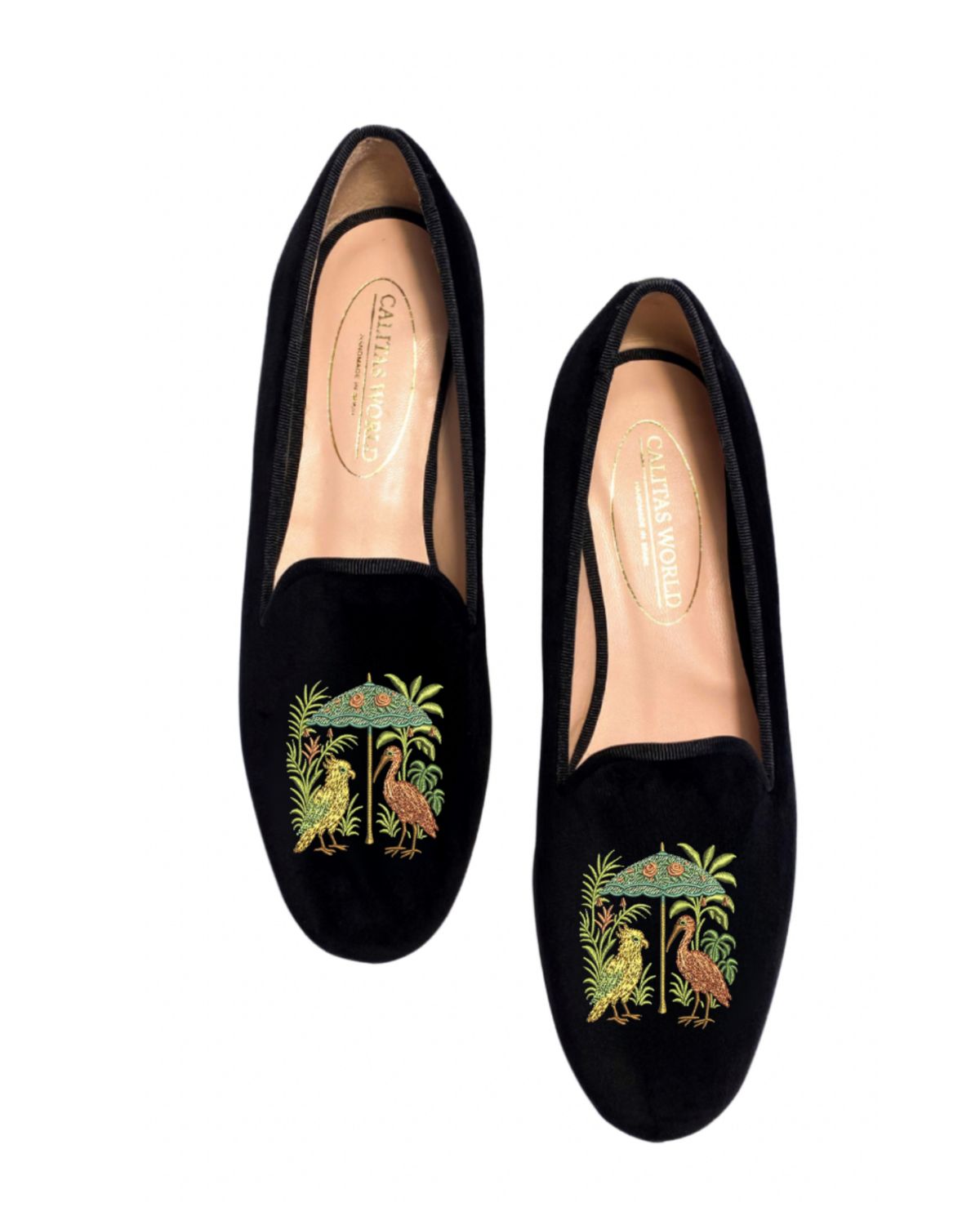 LOAFERS TERCIOPELO NEGRO,  BOTANICAL BIRDS