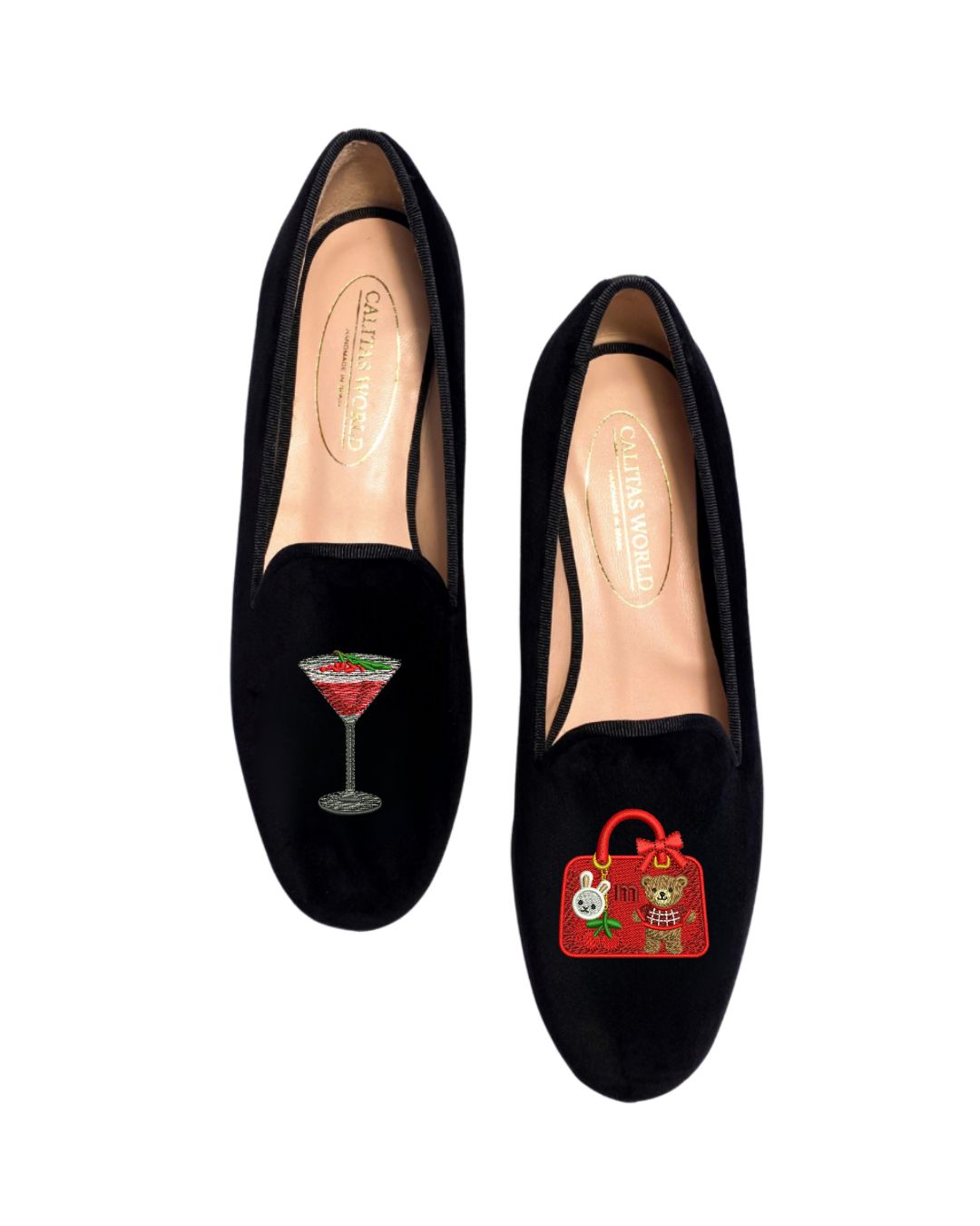 LOAFERS TERCIOPELO NEGRO,  RED MARTINI AND RED CHARM BAG