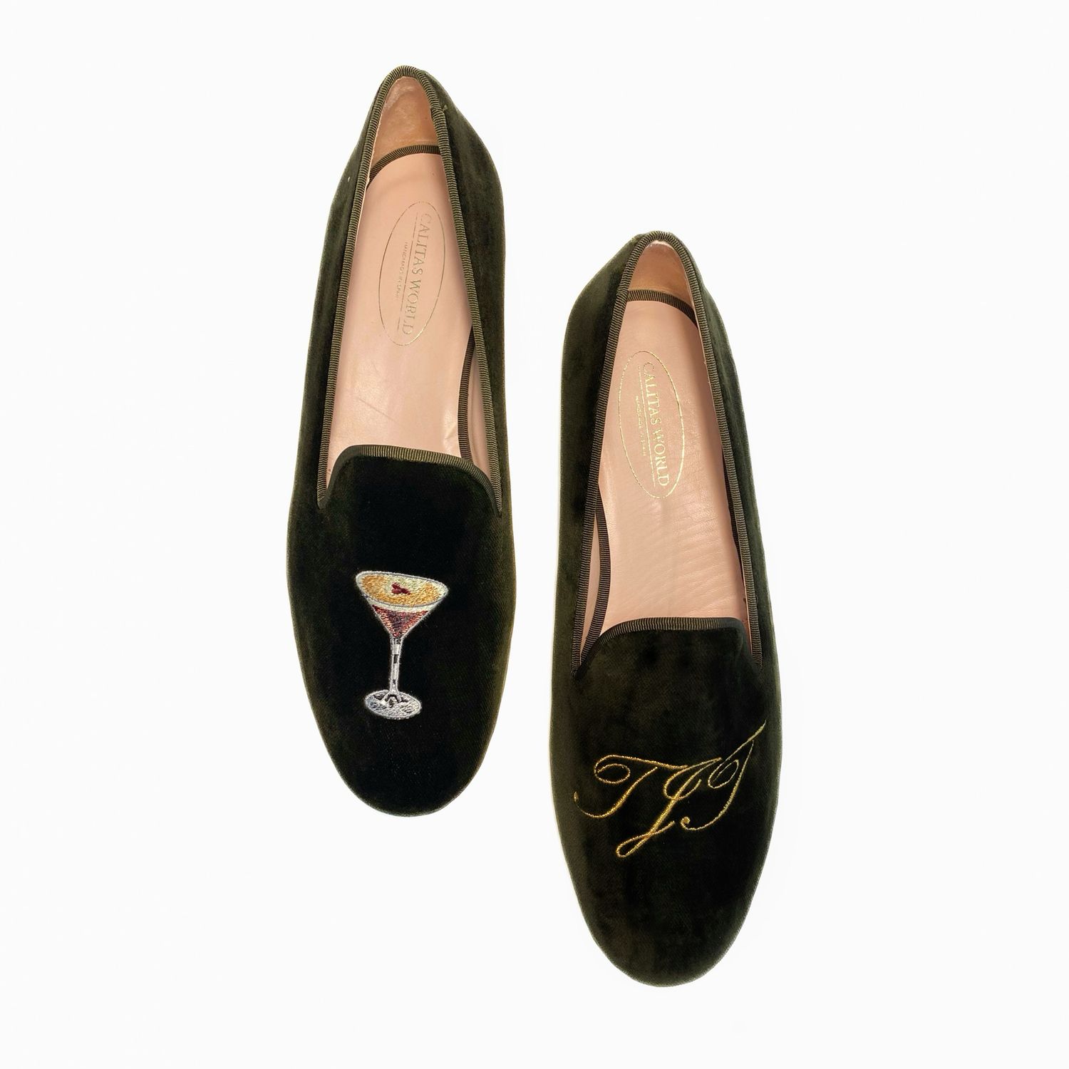​LOAFERS TERCIOPELO KAKI 13TX, ESPRESSO COFFEE MARTINI  AND GOLDEN INITIALS
