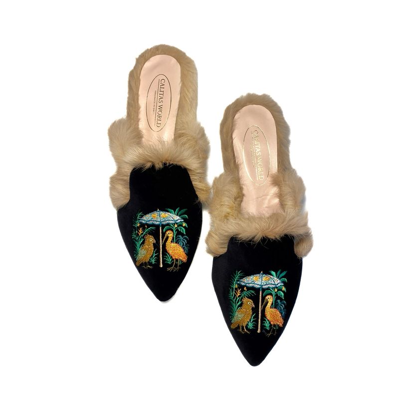 MULES PELO TERCIOPELO NEGRO TX PELO,  BOTANICALS BIRDS