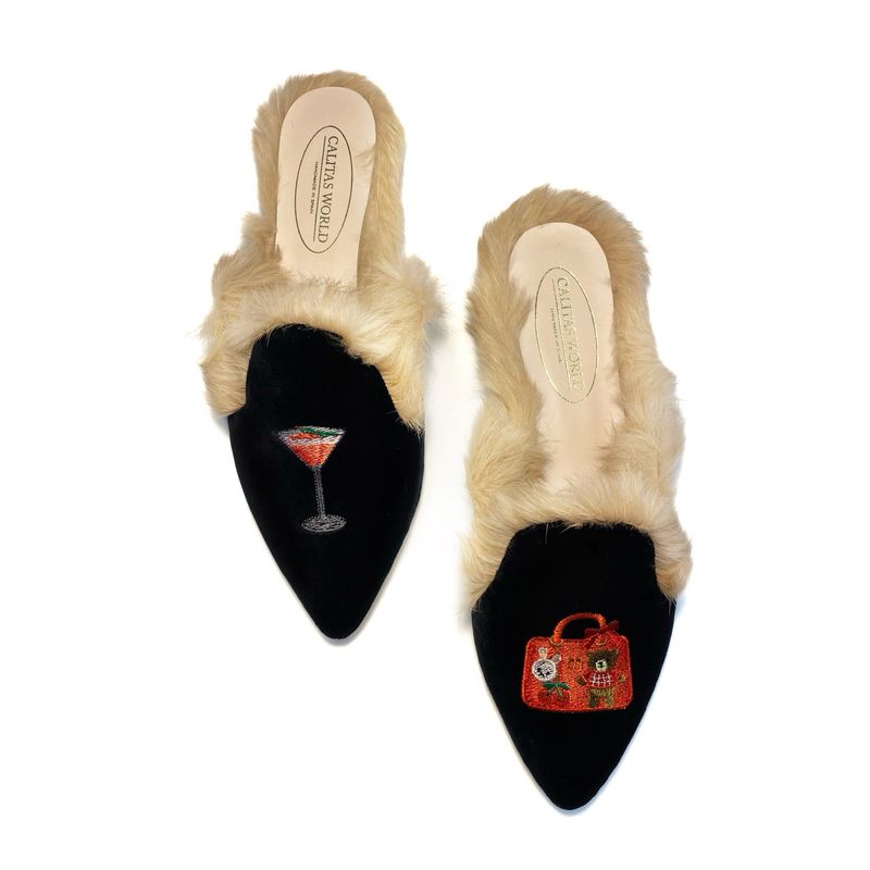 MULES PELO TERCIOPELO NEGRO TX PELO,  RASPBERRY AND CHARM BAG