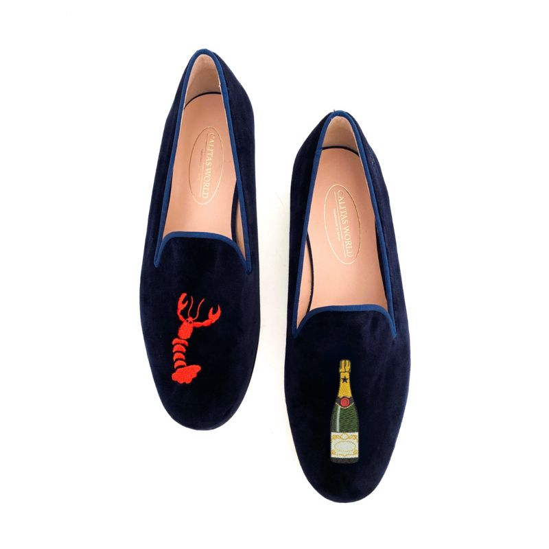 LOAFERS HOMBRE TERCIOPELO AZUL MARINO 9CO R22, LANGOSTA Y BOTELLA DE CHAMPAGNE