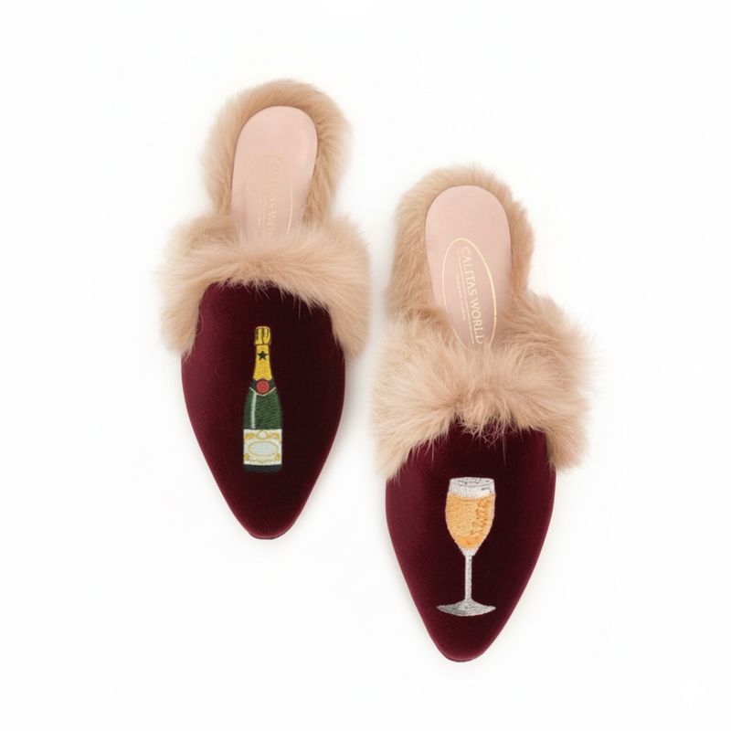 ​MULES PELO TERCIOPELO VINO, CHAMPAGNE Y COPA DE CHAMPAGNE