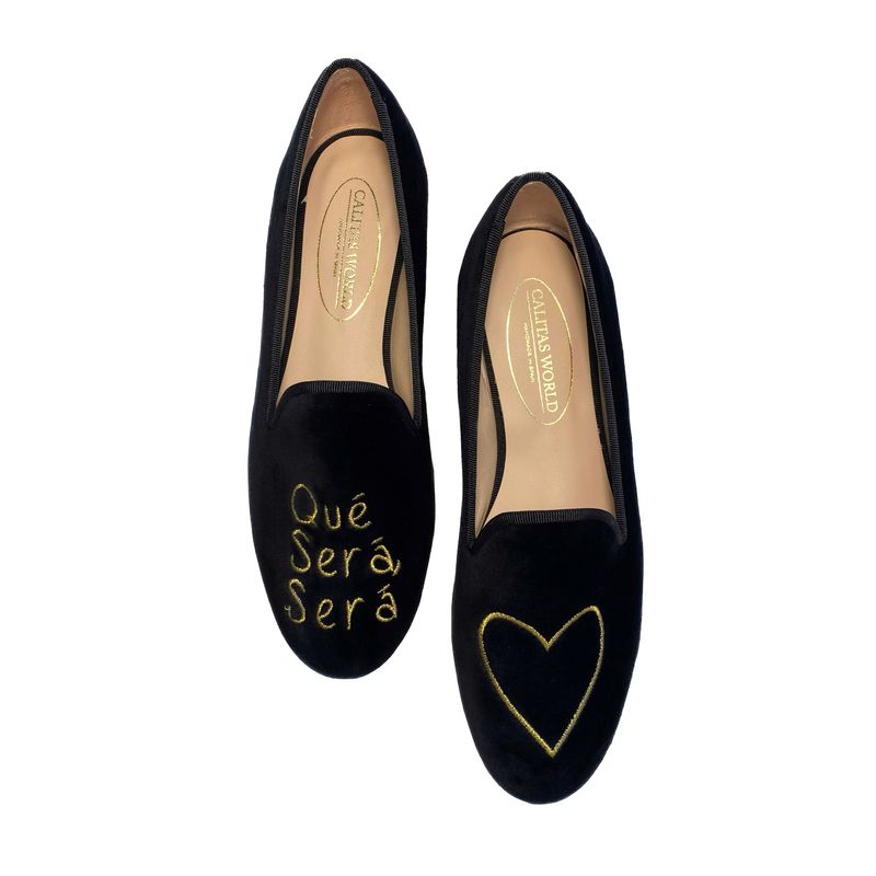 LOAFERS TERCIOPELO NEGRO,  QUÉ SERÁ SERÁ (EN ORO)