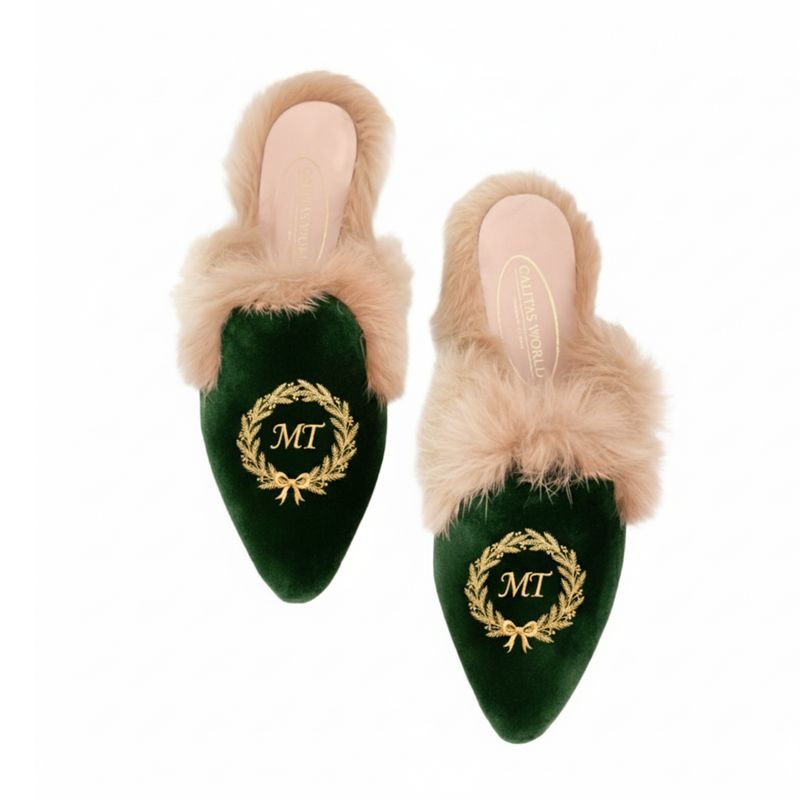 MULES PELO TERCIOPELO VERDE, GOLDEN  MONOGRAM WREATH