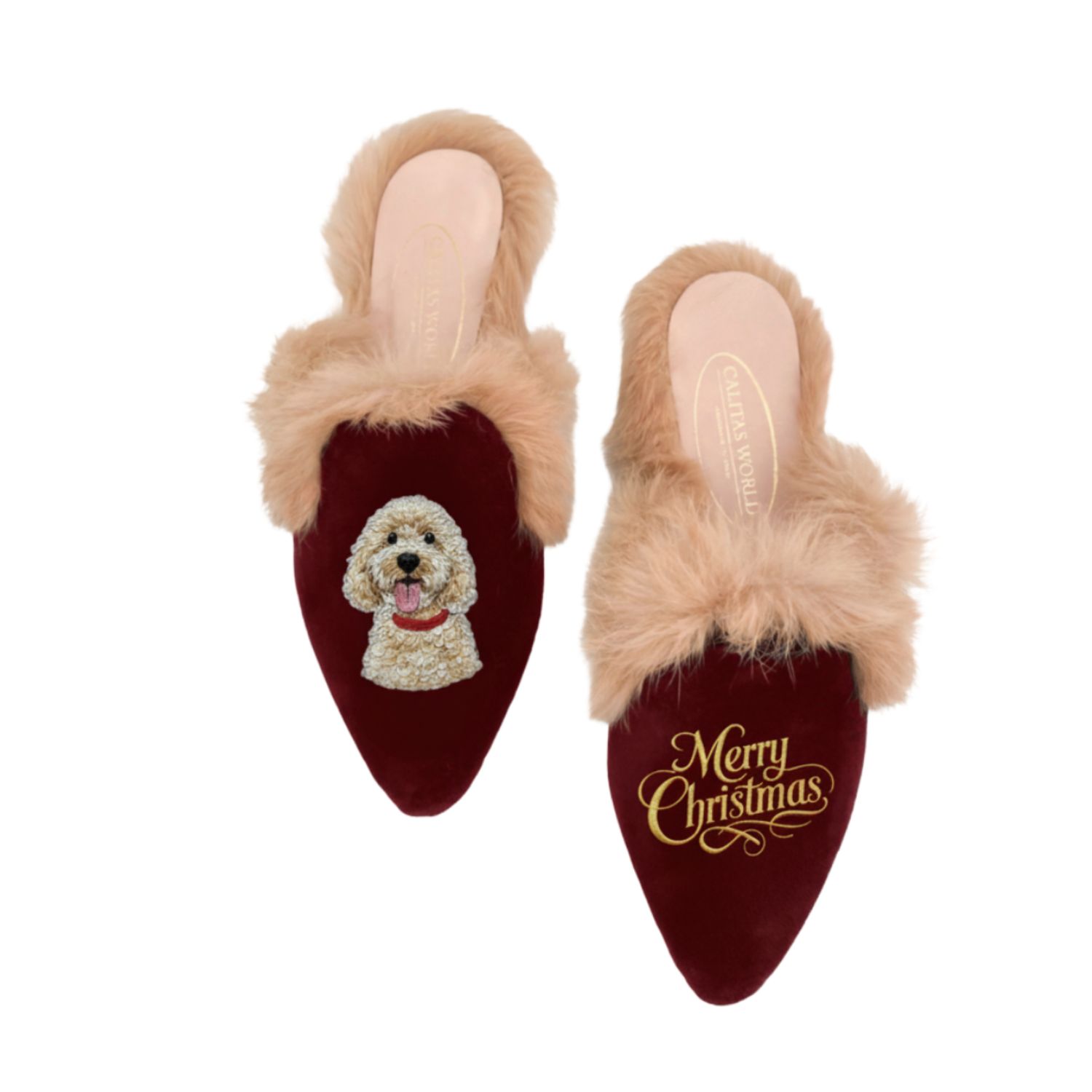 MULES PELO, MUJER PERSONALIZADO CALITAS CHRISTMAS PETS PORTRAIT, MASCOTA Y MERRY CHRISTMAS EN ORO (SOLA UNA IMAGEN)