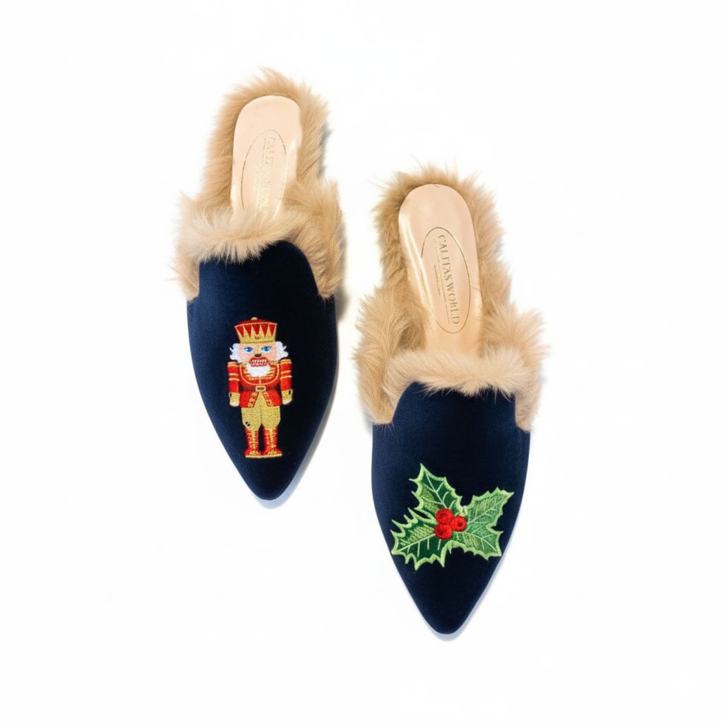 MULES PELO CHRISTMAS EDITION, TERCIOPELO AZUL MARINO, NUTCRACKER AND HOLLY