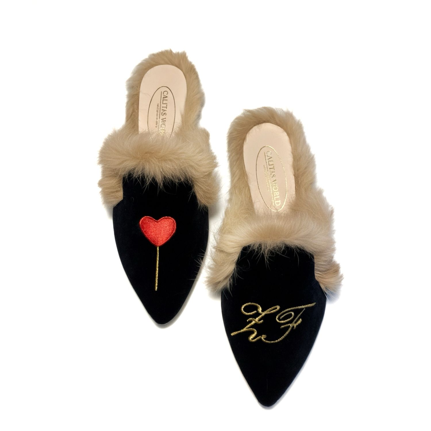 MULES PELO TERCIOPELO NEGRO, LOLLIPOP HEART AND GOLDEN KUNSTLER INITIALS MULES PELO TERCIOPELO NEGRO, LOLLIPOP HEART AND GOLDEN KUNSTLER INITIALS