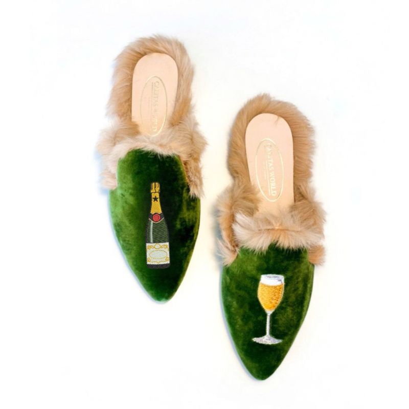 ​MULES PELO TERCIOPELO VERDE 7ACO, CHAMPAGNE Y COPA DE CHAMPAGNE